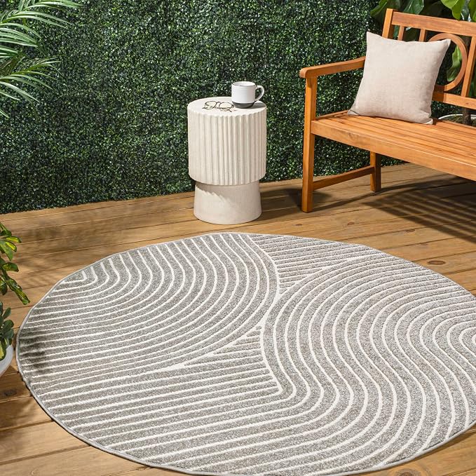 JONATHAN Y Hallie High-Low Curve Gray/Ivory 6' Round Indoor/Outdoor Area Rug, Minimalist, Pet Friendly, Non-Shedding, Stain Resistant, Hose-Washable for Backyard, Patio, Porch (SCN100A-6R)
