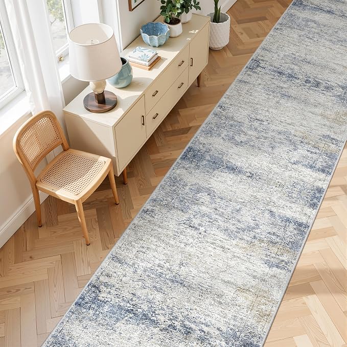 2'6 x 14' Runner Rug Non Slip,Washable Kitchen Rugs,Blue | 14 ft Runner Rug for Hallway,Entryway,Bedroom,Living Room,Thin,Soft, Extra Long Rug,Stain Resistant Indoor Carpet