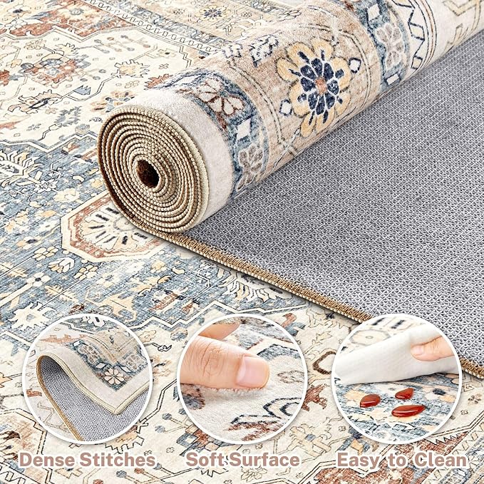 2x3 Rug Small Area Rugs: Washable Boho Neutral Vintage Soft Indoor Floor Oriental Carpet Farmhouse Distressed Low Pile Non Slip Throw Carpet for Kitchen Entryway Bedroom Nursery Entry- Beige Blue