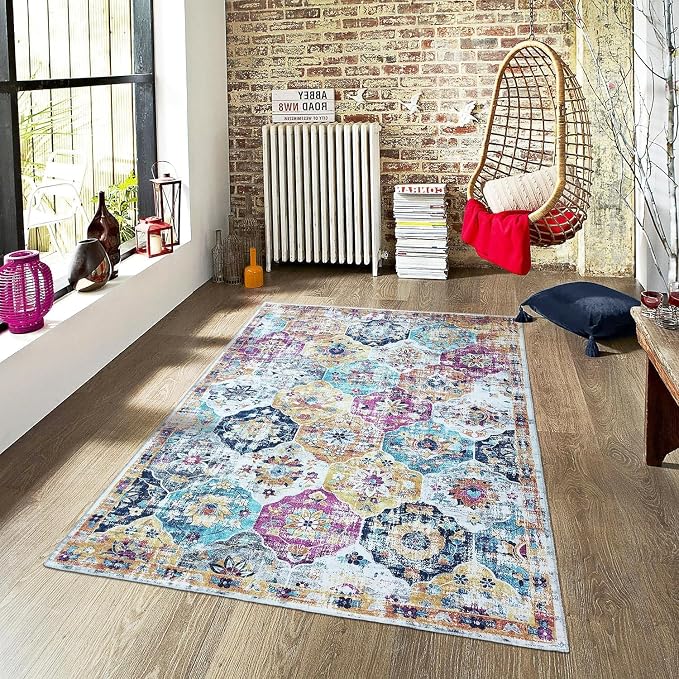 Mandala - Indoor Area Rugs 8x10 Washable, Stain Resistant Machine Washable Rugs for Living Room, Bedroom, and Modern House Décor - Durable Polyester Material, Colorful Patterned - Multi Color