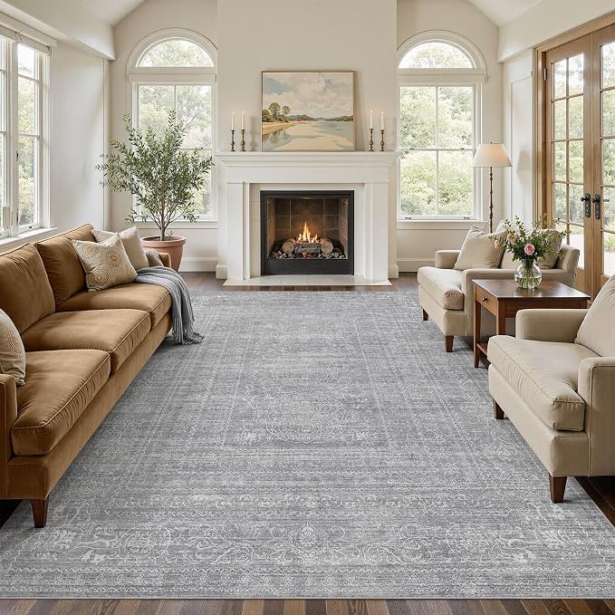 Nakagishi 12x15 Area Rugs Living Room: Washable Large Vintage Rug Neutral Non-Slip Soft Stain Resistant Indoor Carpet for Bedroom Nursery Dining Room Office Playroom - Grey