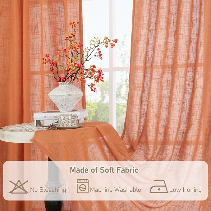 LAMIT Burnt Orange Linen Curtains 54 Inch Length 2 Panels, Light Filtering Panels Back Tab and Rod Pocket Country Decor Drapes for Bathroom/Window/Bedroom, 52 x 54 Inch