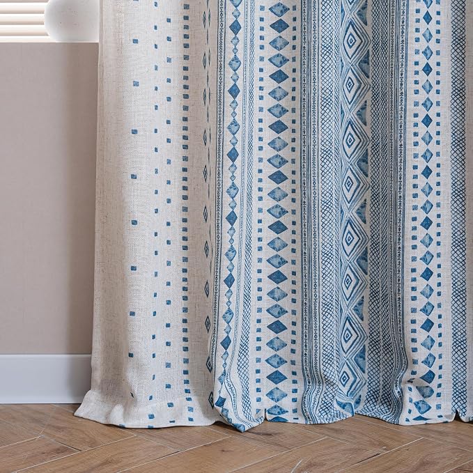 MYSKY HOME Boho Curtains Semi Sheer Linen Blended Curtains 95 Inches Long for Living Room Stripe Patterned Farmhouse Curtains Light Filtering Privacy Back Tab Drapes, 50'' Wide, Blue, 2 Panels