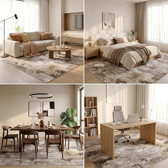 Washable Water Resistant Area Rug, Minimalist Wabi-Sabi Decor, 0.3" Low Pile, Non-Slip Cotton-Backed with Silicone Backing, for Living Room, 6'x9', Neutral Taupe