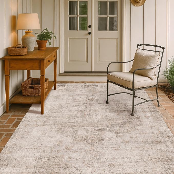 Hazo Haus Washable 5x7 Area Rugs for Living Room, Neutral Beige & Peach Farmhouse Rug for Dining Room & Bedroom, Ultra Soft Low-Pile Non-Slip Stain Resistant