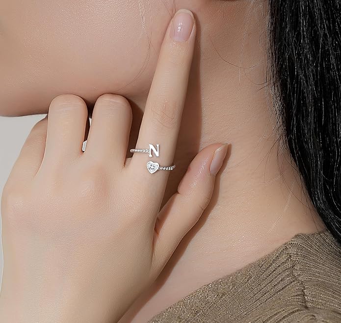 Step Forward 925 Sterling Silver Adjustable Initial Ring for Women | Non Tarnish Letter Rings for Lady | Alphabet Heart Thumb Rings | Capital Letter Jewelry Gifts