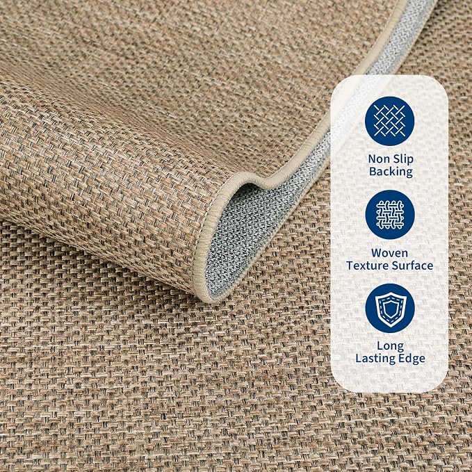 GarveeHome 2x6 Runner Rug for Hallway Modern Solid Washable Kitchen Rugs | Non Slip Stain Resistant Modern Bordered Bedroom Throw Carpet Indoor Outdoor Low Pile Area Rugs for Porch Kitchen, Jute
