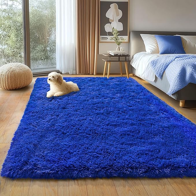 Fluffy Shag Rug for Bedroom, 4x5.9 Blue Area Rugs for Living Room | Nursery and Kids Room, Soft and Comfy, Fuzzy Bedside Carpet for Girls and Boys Dorm Home Decor Aesthetic, Non Slip
