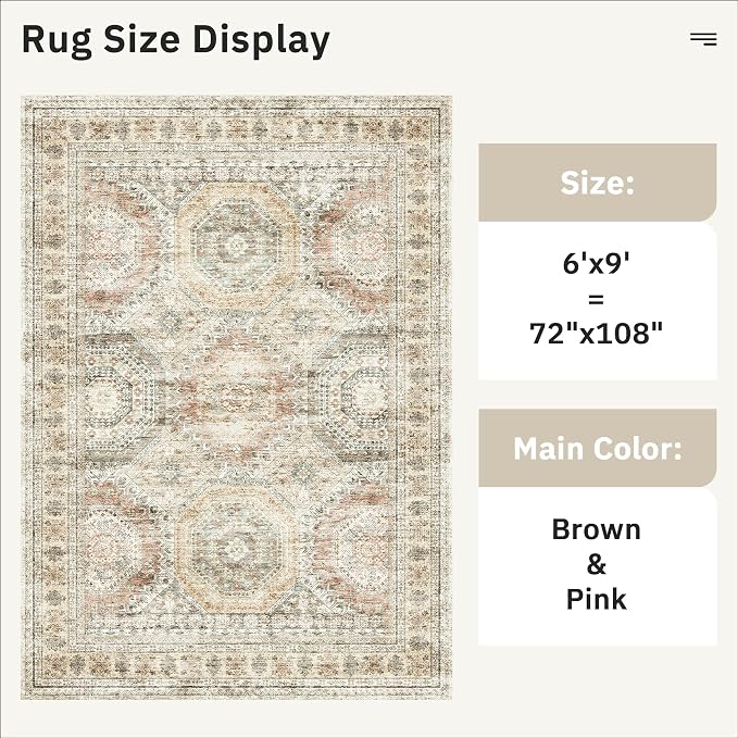 Soalmost 6x9 Area Rug for Living Room Washable 6x9 Non-Slip Modern Rugs for Bedroom Dinning Room Ultra-Thin Indoor Brown Pink