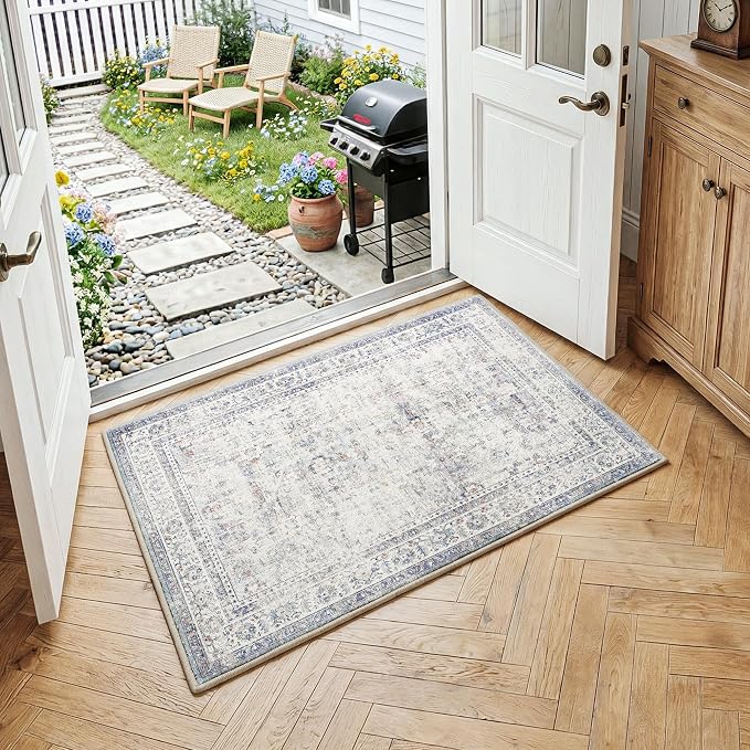 FMFUNCTEX Entryway Rug 2x3 Blue Washable Neutral Vintage Distressed Oriental Door Mat Non Slip Low Pile Indoor Carpet Soft Retro Small Throw Area Rugs for Entry Entrance Bedroom Kitchen Bathroom