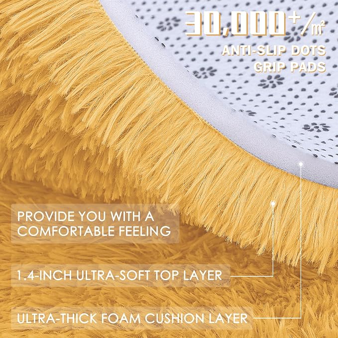 OLANLY Mustard Yellow Round Rugs for Bedroom - Machine Washable, 4 ft Circle Area Rugs for Living Room, Soft and Fluffy Shaggy Carpet for Teen Girl and Boys, Nursery Rooms, Dorms, Home Decor Aesthetic
