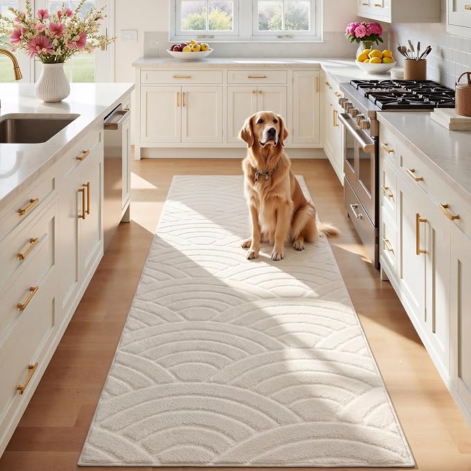 SHACOS Soft Fluffy Arch Waves Runner Rug for Bedroom, 2'x6' Cream | High-Low Textured Non Slip Washable Minimalist Modern Graphic Rainbow Carpet for Hallyway