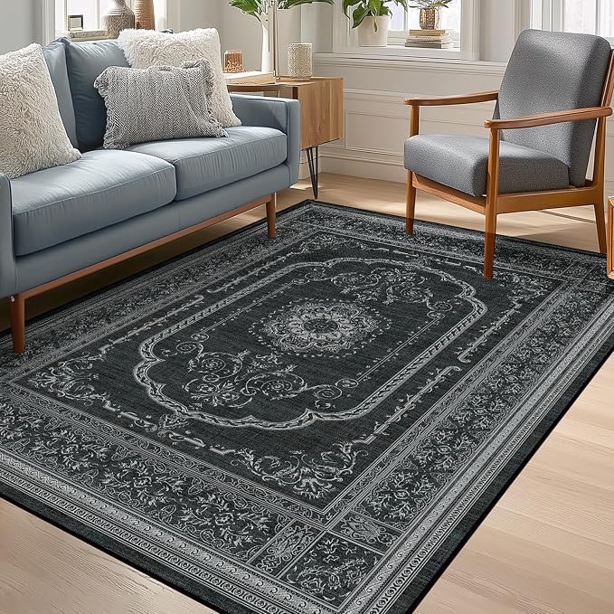 8x10 Large Area Rugs for Living Room, Black Low Pile Machine Washable Rug for Bedroom, Non-Slip Floral Print Durable Vintage Carpet for Dinning Room, Kitchen, Outdoor
