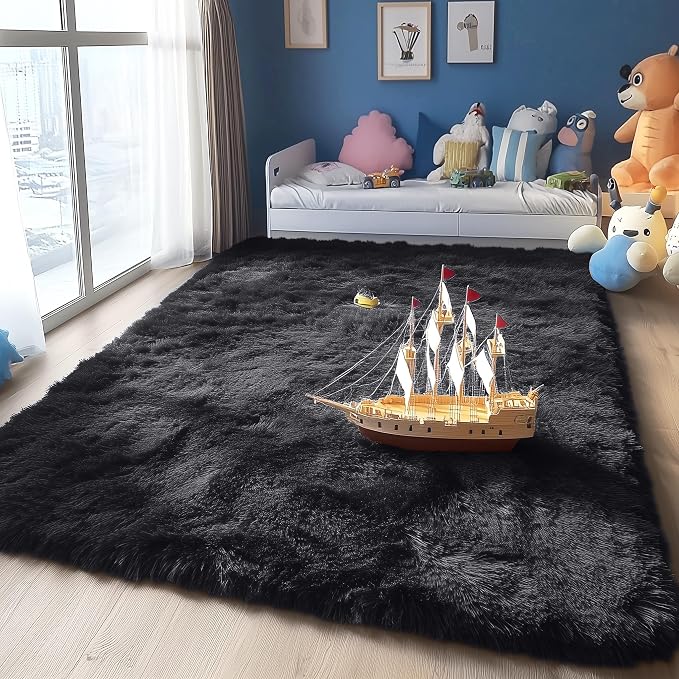 OLANLY 5x6 Area Rugs for Living Room Bedroom, Machine Washable Soft Fluffy Shaggy Bedside Rug, Indoor Floor Carpet for Kids Girls and Boys, Dorms, Nursery Rooms, Home Decor Aesthetic, Black