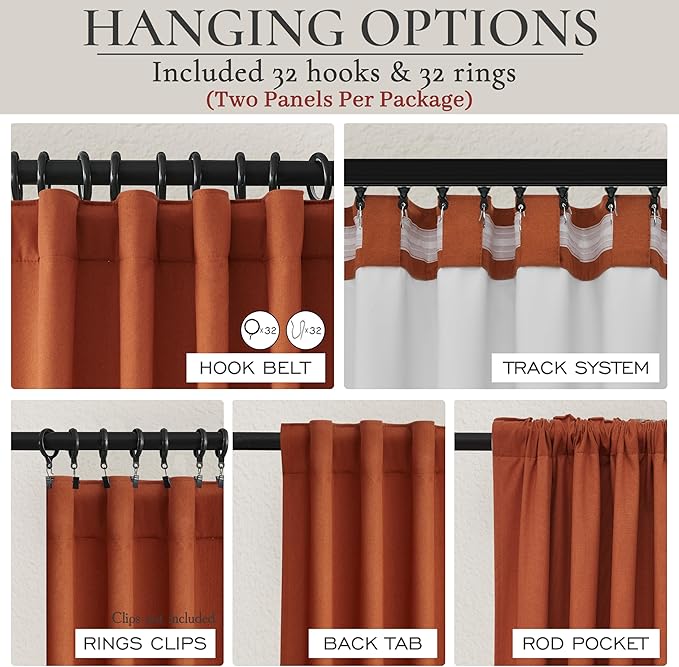 Fall Burnt Orange Curtains Blackout 105 Inches Long 2 Panels Set,Terracotta Autumn Color Decor Retro for Living Room/Bedroom Antique Copper Rust Boho 70s Window Pleated Linen Drapes (W50"xL105")