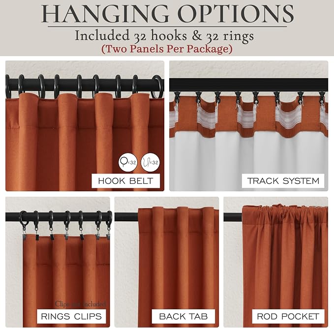 Fall Burnt Orange Curtains Blackout 108 Inches Long 2 Panels Set,Terracotta Autumn Color Decor Retro for Living Room/Bedroom Antique Copper Rust Boho 70s Window Pleated Linen Drapes (W50"xL108")