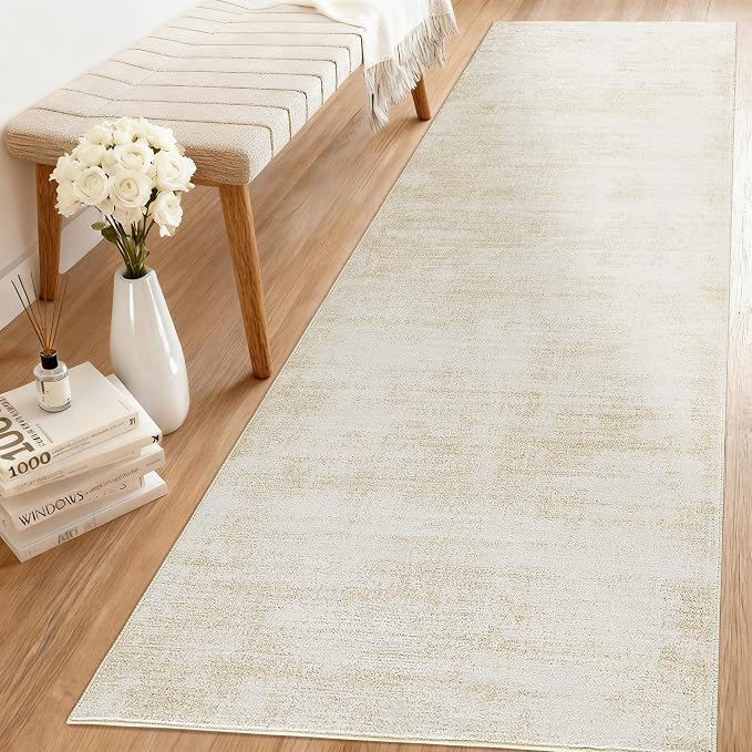 BILEEHOME 2 x 6 Runner Rug Low Pile Tan Beige Ombre Area Rugs for Kitchen | Non Skid Washable Carpet 2x6, Rubber Backed Foldable, Boho Neutral Abstract Modern, for Hallway Bathroom Kitchen, Cream