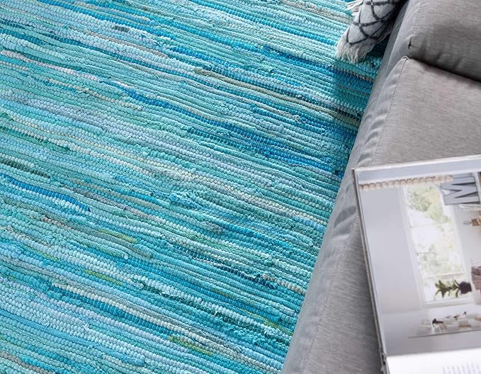 Unique Loom Chindi Cotton Collection Soft Hand Woven Natural Fiber Striped Area Rug, 2 ft 2 in x 3 ft, Turquoise/Ivory