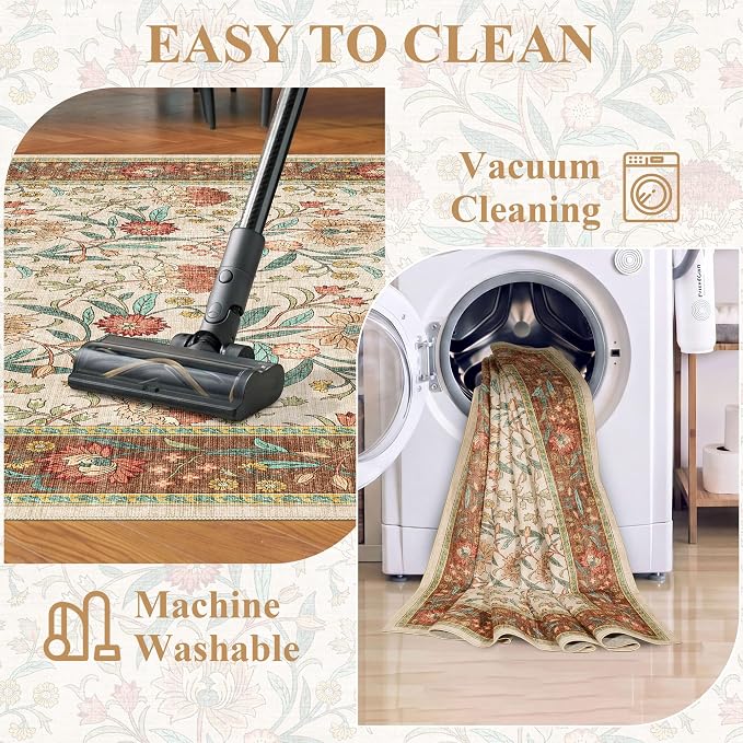 DUKINO 2x10 Runner Rug for Hallway, Washable Vintage Floral Rug, Brown | Non Slip, Low Pile, Non-Shedding, Stain Resistant Soft Long Runner Carpet for Kitchen Bathroom Entryway Bedroom Farmhouse