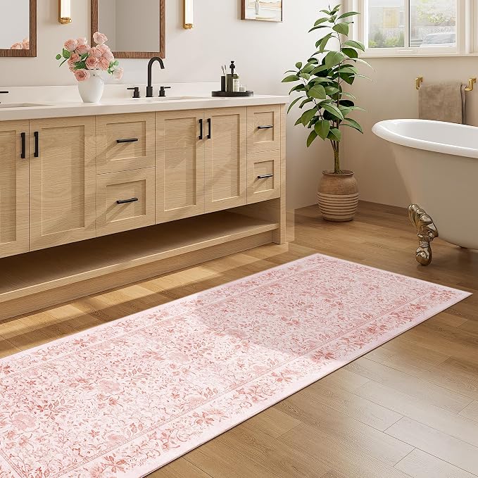 DUKINO 2.6x8 Runner Rug, Washable Vintage Floral Kitchen Rug, Pink | Non Slip, Low Pile, Non-Shedding, Stain Resistant, Soft Throw Carpet Runner for Hallway Bathroom Laundry Entryway Farmhouse