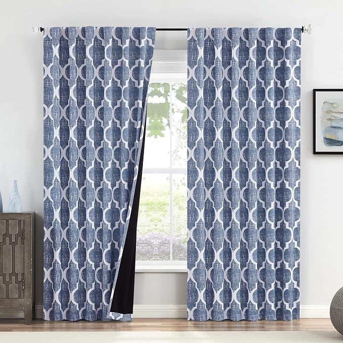 Beauoop Moroccan 100% Blackout Curtains Bedroom Blue 50x84 2 Panels | Geometric Room Darkening Drapes for Living Room 84 Inch Long Thermal Insulated Soundproof Lattice Window Treatment Rod Pocket
