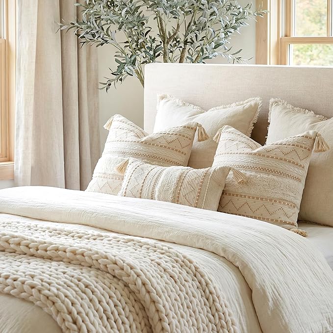 BlissBlush 12x20 Lumbar Pillow Cover, Cream Neutral Beige Rectangular Decorative Cushion Cover, Boho Accent Pillowcase with Tufted Details and Tassels for Couch Sofa Living Room (Cover Only)