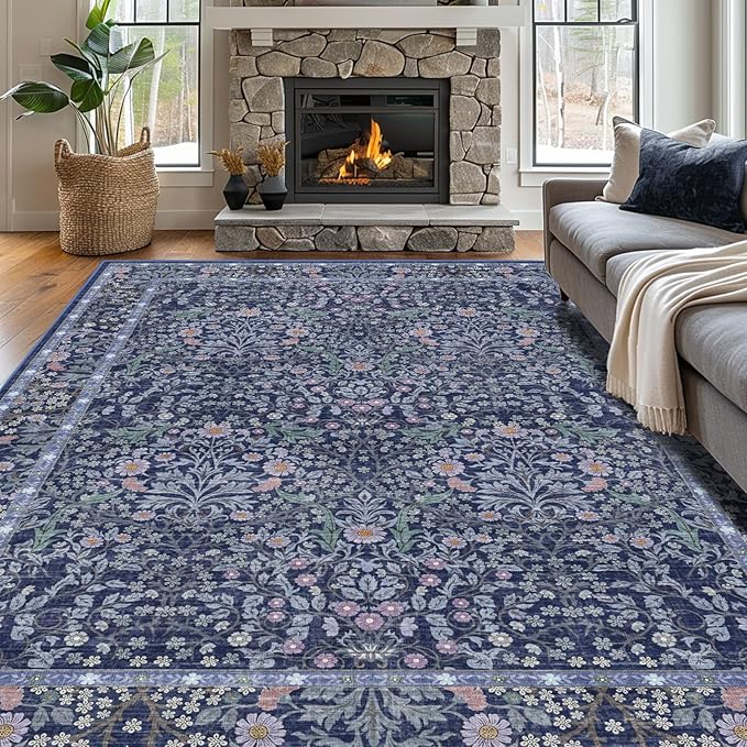 9x12 Washable Area Rugs for Living Room, Stain Resistant Vintage Rugs for Dining Room Under Kitchen Table, Bedroom, Floral Low Pile Non-Slip Large Carpet (9 x 12 Blue)