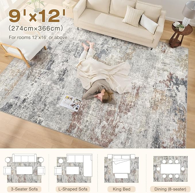 DMOYEST 9x12 Area Rug for Living Room, Washable & Non Slip Large Indoor Carpet, Kid & Pet Friendly Soft Thin Low Pile Abstract Rug for Bedroom and Office - Grey/Orange/Yellow