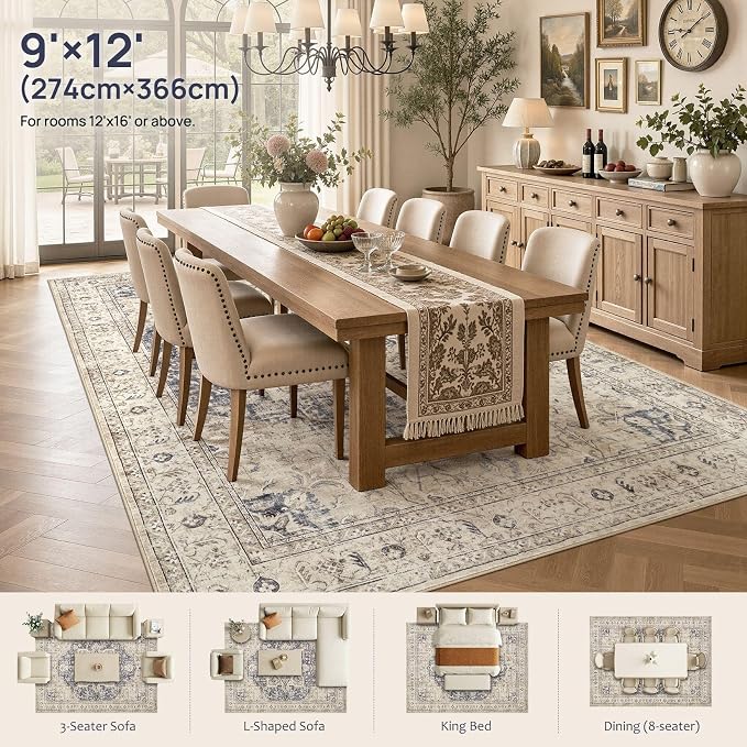 Tortania Area Rug Living Room Rugs - 9x12 Washable Boho Rug Vintage Oriental Distressed Farmhouse Large Thin Indoor Carpet for Living Room Bedroom Under Dining Table Home Office - Cream Blue
