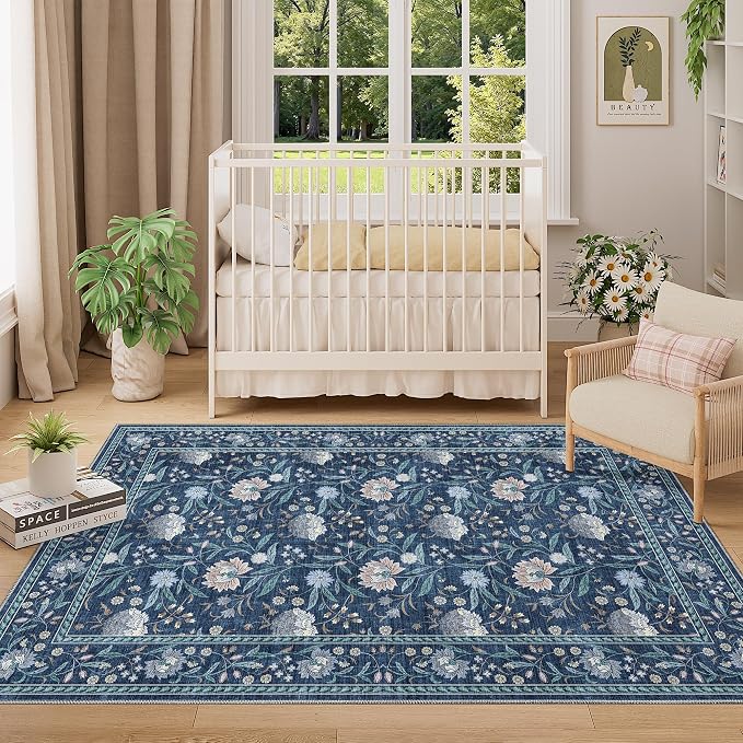DUKINO 4x6 Area Rug, Washable Vintage Floral Rug for Living Room, Dark Blue | Non Slip, Low Pile, Stain Resistant Boho Lightweight Soft Indoor Carpet for Bedroom Office Dining Room Entryway Farmhouse