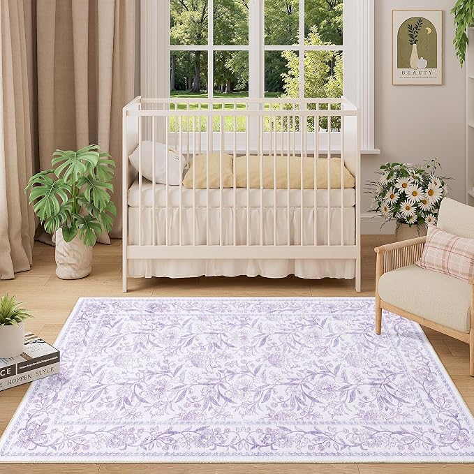 DUKINO 3x5 Rug, Washable Vintage Floral Bedroom Area Rug Non Slip, Purple | Low Pile, Non-Shedding, Stain Resistant Boho Lightweight Soft Indoor Carpet for Bathroom Office Dining Living Room Farmhouse