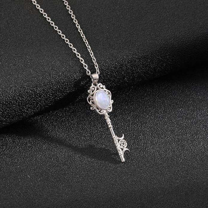Natural Moonstone Crystal Key Necklace for Women, Retro Triple Moon Key Healing Crystal Wiccan Pagan Jewelry Gift