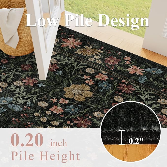 DUKINO 2x8 Runner Rug, Washable Vintage Floral Kitchen Rug, Black | Non Slip, Low Pile, Non-Shedding, Stain Resistant Aesthetic Soft Carpet Runner for Hallway Bathroom Laundry Bedroom Entryway