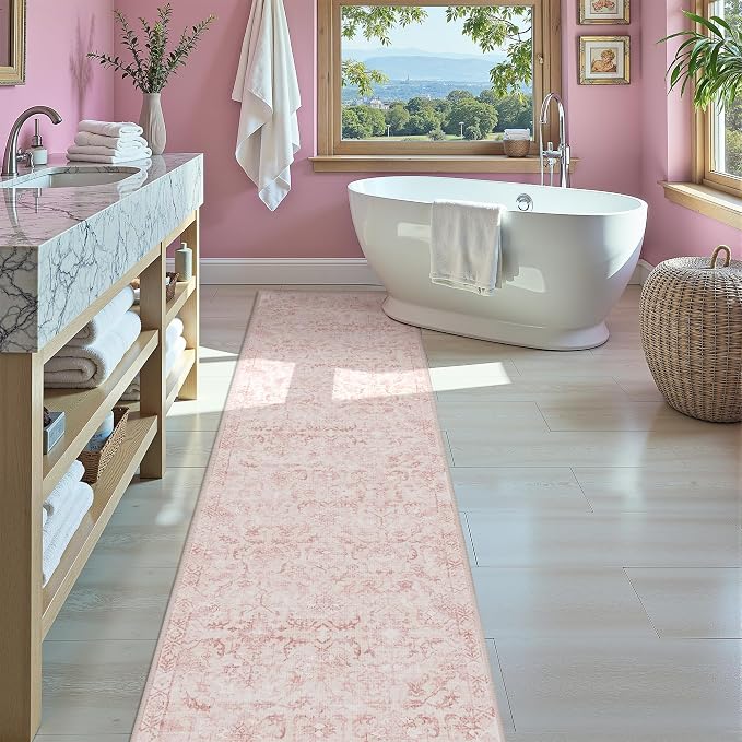 Pink 2x10 Runner Rug for Hallways Bed Side Kitchen, Boho Washable Distressed Low-Pile Floor Entryway Long Bathroom Mat, Non-Slip Laundry Room Washstand Front Carpet 24x120 Inch