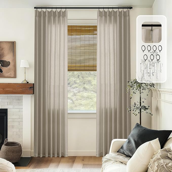 Extra Long Pinch Pleated Curtains 120 Inches Long Burlywood Birch | Taupe, Floor to Ceiling, Linen Textured Drapes, Sheer Light Filtering, Aesthetic Curtain, Hooks Rings for Living Room Dining