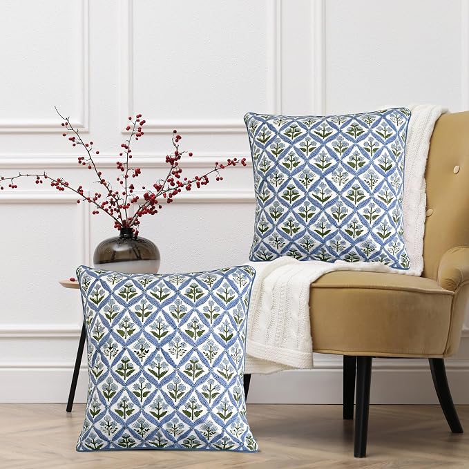 Ridhi Block Print Light Steel Blue Pillow Cover 16" x 16" (Pack of 2) Decorative Couch Pillows for Living Room, Chic Boho Cute Outdoor Pillows Covers Gifts for Spring, Easter and Valentine