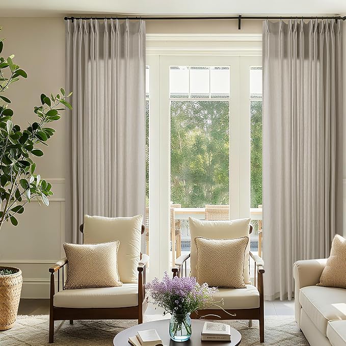 Burlywood Birch Pleated Sheer Curtains 108 Inches Long 72 Inch Wide | Taupe, Memory Shape, Pinch Pleat, Linen Textured Curtains, Extra Long, Light Filtering, Windows Curtain, for Living Room