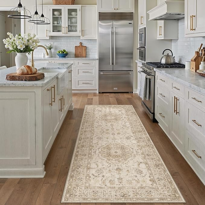 PureCozy 2x6 Beige Runner Rug Washable Hallway Vintage Carpet Kitchen Distressed Small Long Non Slip Low Pile Thin Bedroom Medallion Accent Throw Rug Laundry Living Room