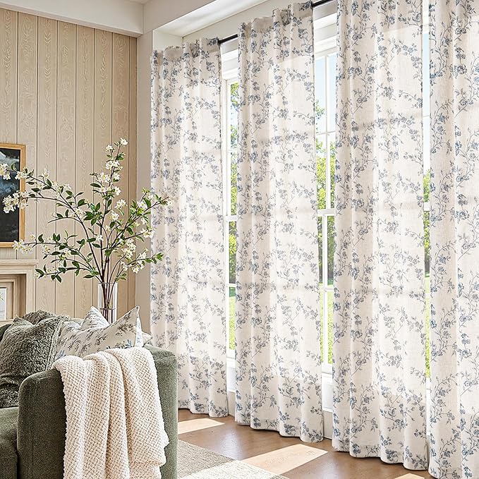 jinchan Blue Floral Linen Curtains 90 Inch Country Drapes Back Tab 2 Panels | Blue on beige, light filtering, farmhouse, rustic, flower, living room, bedroom, dining room, window treatment, home decor
