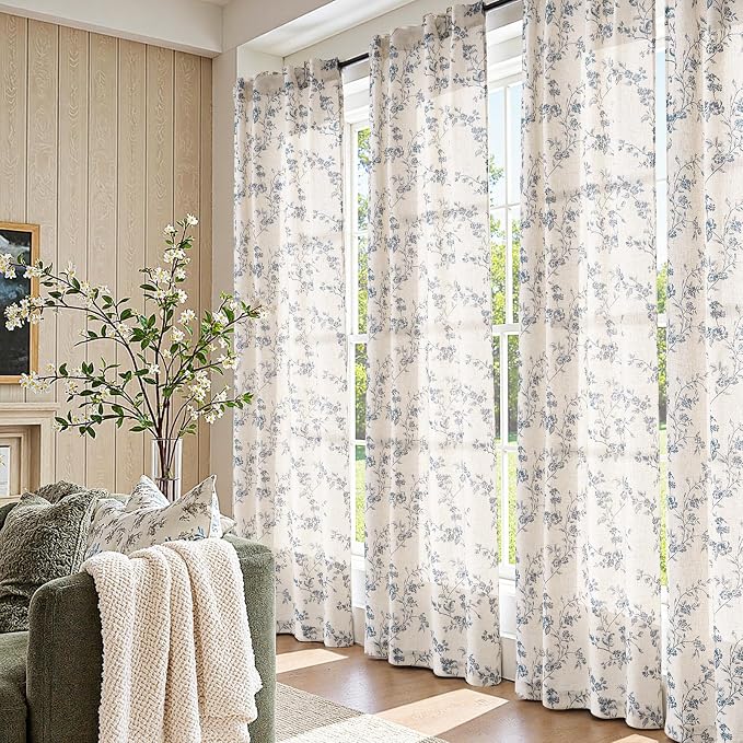 jinchan Blue Floral Linen Curtains 84 Inch Country Drapes Back Tab 2 Panels | Blue on beige, light filtering, semi sheer, farmhouse, rustic, privacy, bedroom, living room, laundry, window treatment