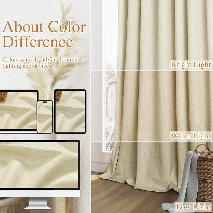 Guken Extra Long 100% Blackout Linen Curtains for Bedroom 120 inches Long, Thermal Insulated Room Darkening Black Out Drapes for Living Room, Back Tab Rod Pocket 2 Panels Set,Cream Yellow,52x120