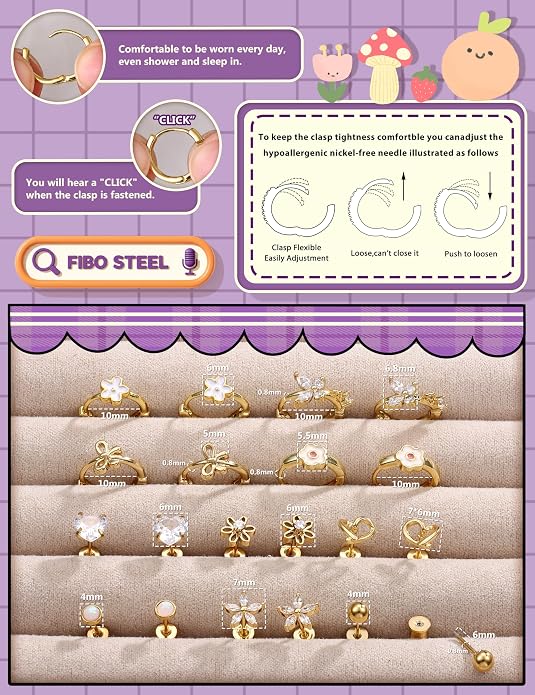 Hypoallergenic Screw Back Earrings for Girls Women - Surgical Steel 14K Gold Silver Plated Cute Toddler Little Girl Kids Earrings for Sensitive Ears Heart CZ Flower Stud Hoop Earring Sets 10 Pairs