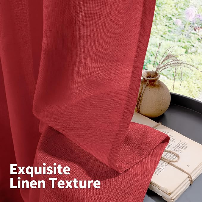 YoungsTex Red Linen Curtains 63 Inch Length for Living Room, Light Filtering Window Drapes with Grommet Semi Sheer Privacy for Dining Bedroom, 2 Panels, 52 X 63 Inch