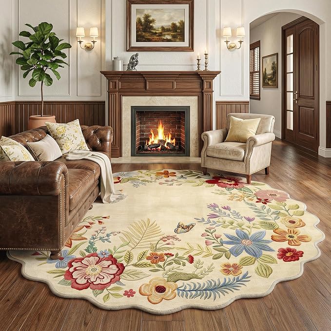 FMFUNCTEX 6ft Round Washable Beige Boho Scalloped Area Rug for Living Room | Floral Vintage Flower Colorful Traditional Soft Cream Large Non Slip Low Pile Circle Rug Neutral Dining Room Bedroom Nursery