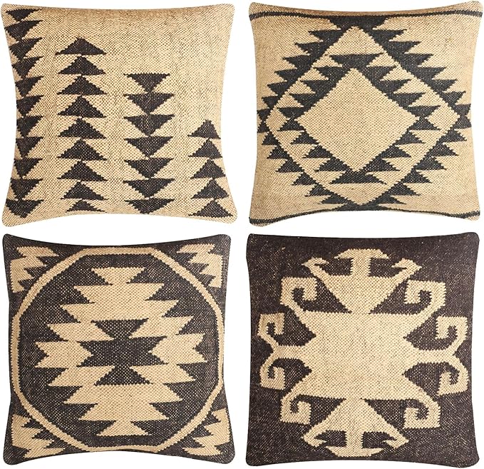 Set of 4 Geometric Wool Jute Square Throw Pillow Covers -Decorative 18 x 18 Inches Multicolour Cushion Covers Perfect for Sofa/Couch/Bed/Home/Outdoor/Car (Multicolour - 10)