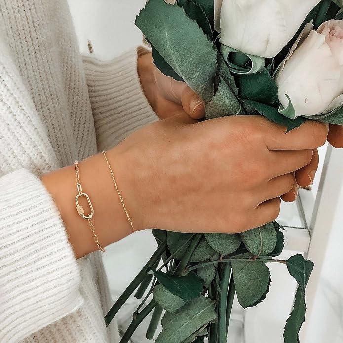 Dainty Gold Bracelets for Women, 14K Gold Plated Adjustable Layered Beads Bracelet Cute Evil Eye Oval Chain Pearl Bar Turtle Gold Bracelets for Women Jewelry