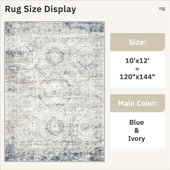 Soalmost Area Rug 10x12 Vintage Washable Living Room Large Carpet Non Slip Bedroom Indoor Office Dining Room Low Pile Thin Rug Blue Ivory