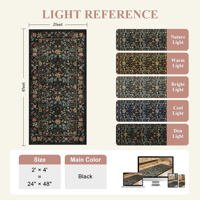 DUKINO 2x4 Rug, Washable Vintage Floral Bathroom Runner Rug, Black | Non Slip, Low Pile, Stain Resistant, Aesthetic Lightweight Soft Indoor Carpet for Kitchen Entryway Hallway Bathroom Bedroom
