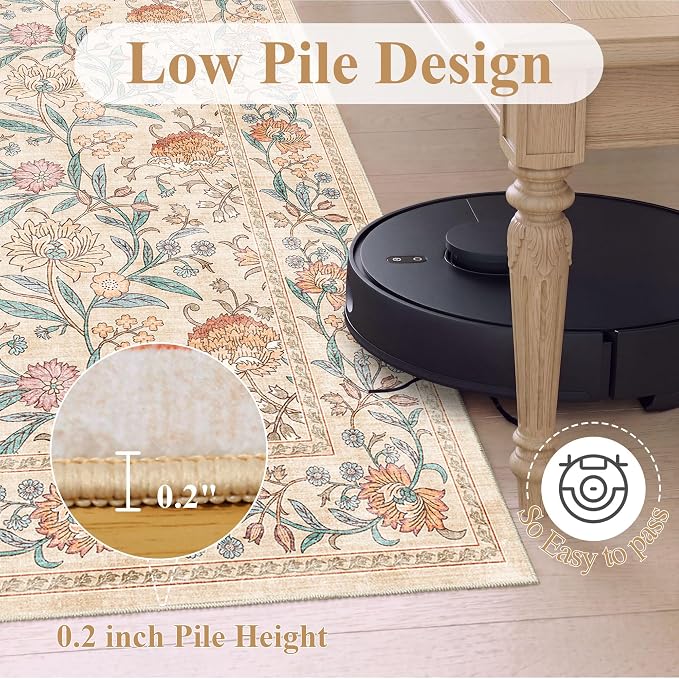 DUKINO 2x10 Runner Rug for Hallway, Washable Vintage Floral Rug, Beige | Non Slip, Low Pile, Non-Shedding, Stain Resistant Soft Long Runner Carpet for Kitchen Bathroom Entryway Bedroom Farmhouse