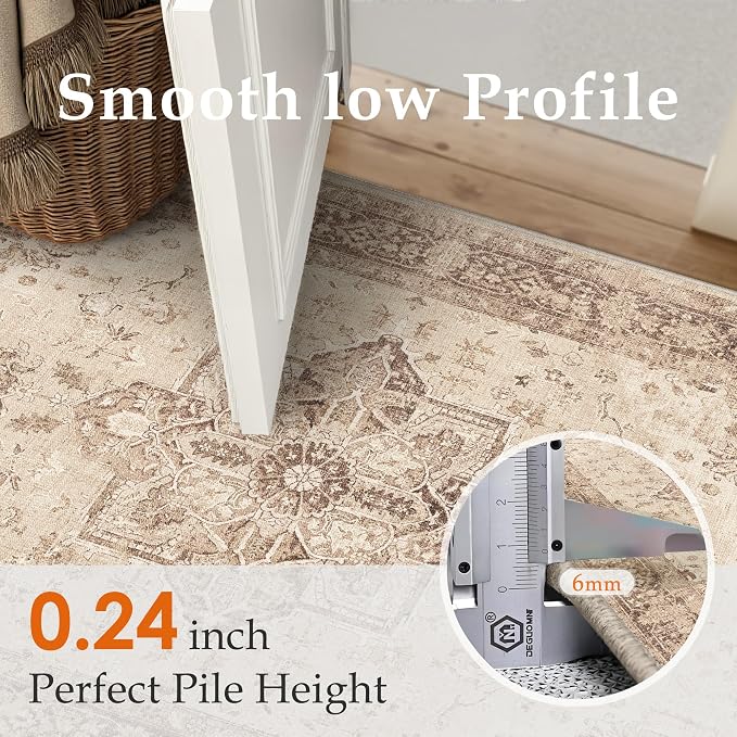 PureCozy Brown 5x7 Area Rug Washable Vintage Living Room Carpet Non Slip Retro Distressed Low Pile Soft Oriental Medallion Thin Throw Rug for Kitchen Bathroom Office Bedroom Dining Room